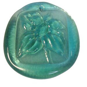 Pressed Glass Suncatcher Teal Flower 3 3/4" x 3 1/2" Vintage Hanging Hole